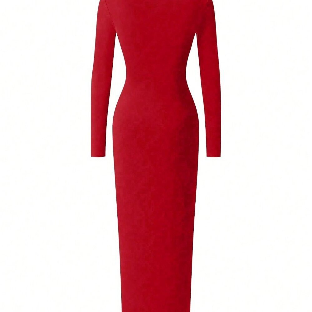 Red Elegant Women's Sexy High Slit A-Line Bodycon Dress - Picture 3 of 6